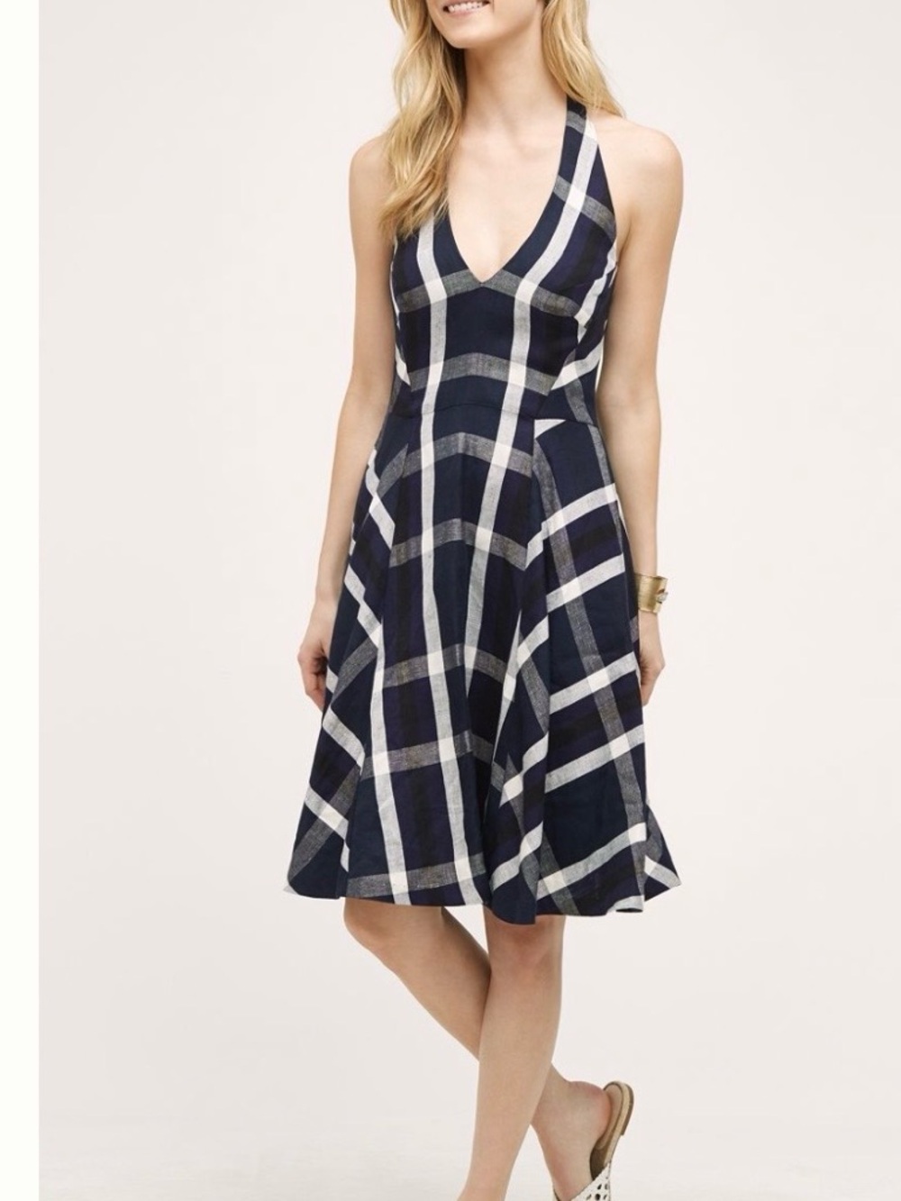 Anthroplogie Eva Franco Anya Dress in Navy Plaid Halter Linen Blend Dress 8 USA